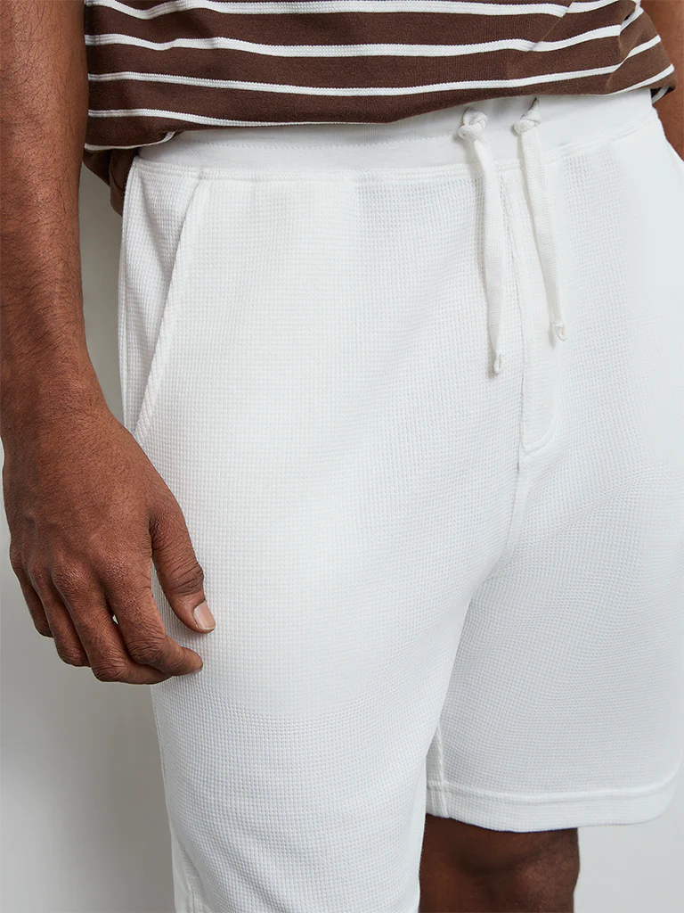 WES Lounge Off-White Waffle-Textured Relaxed-Fit Mid-Rise Cotton-Blend Shorts - Image 3