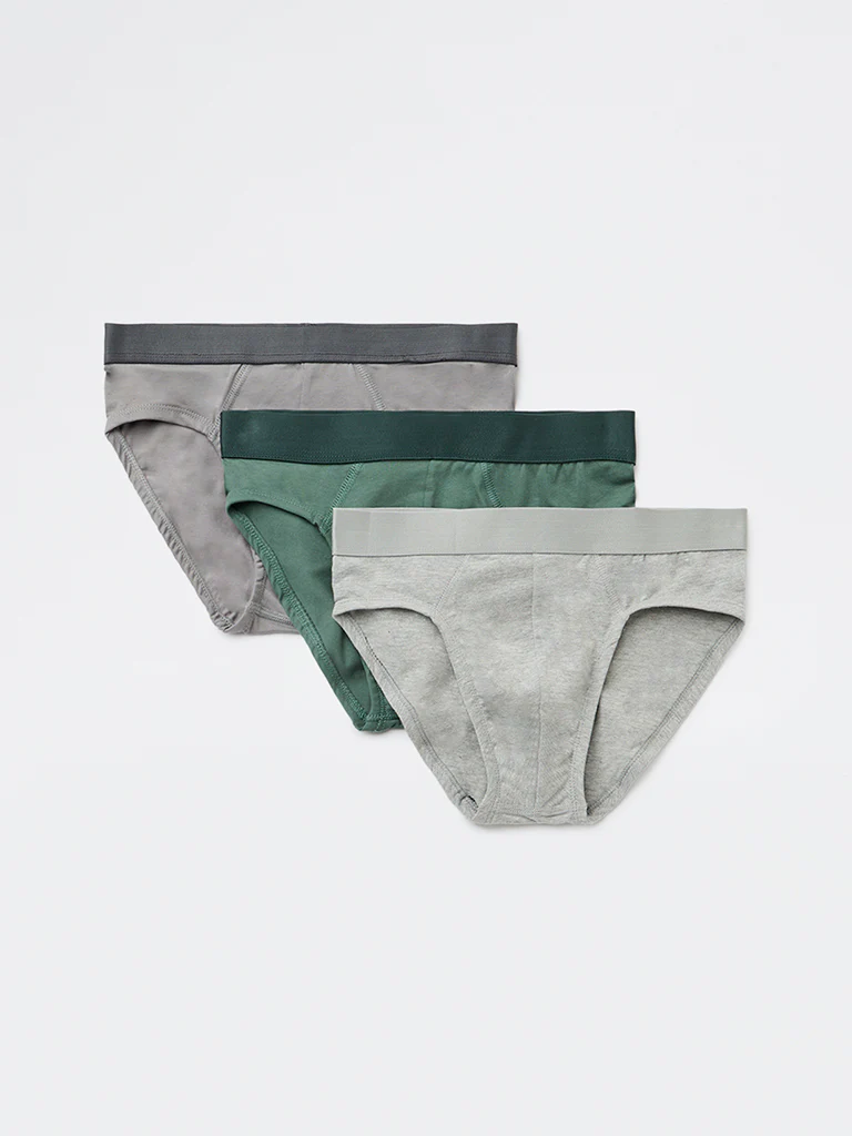 WES Lounge Olive Solid Cotton-Blend Briefs - Pack of 3