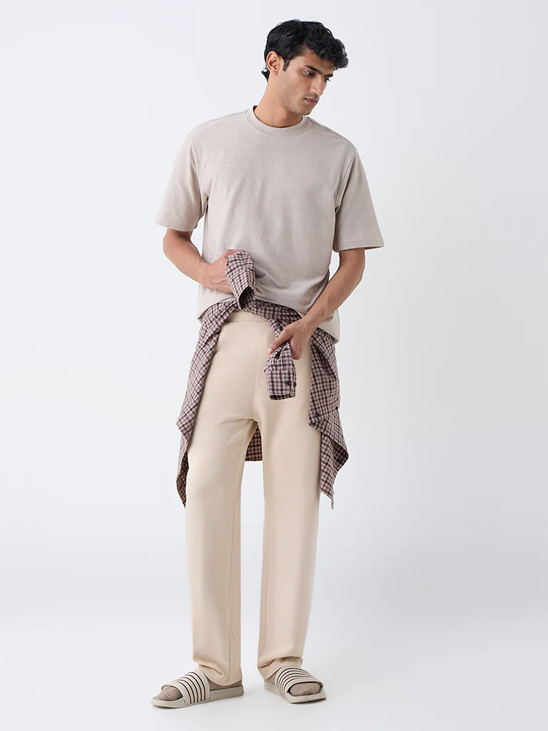 WES Lounge Taupe Self-Textured Relaxed-Fit T-Shirt - Image 3