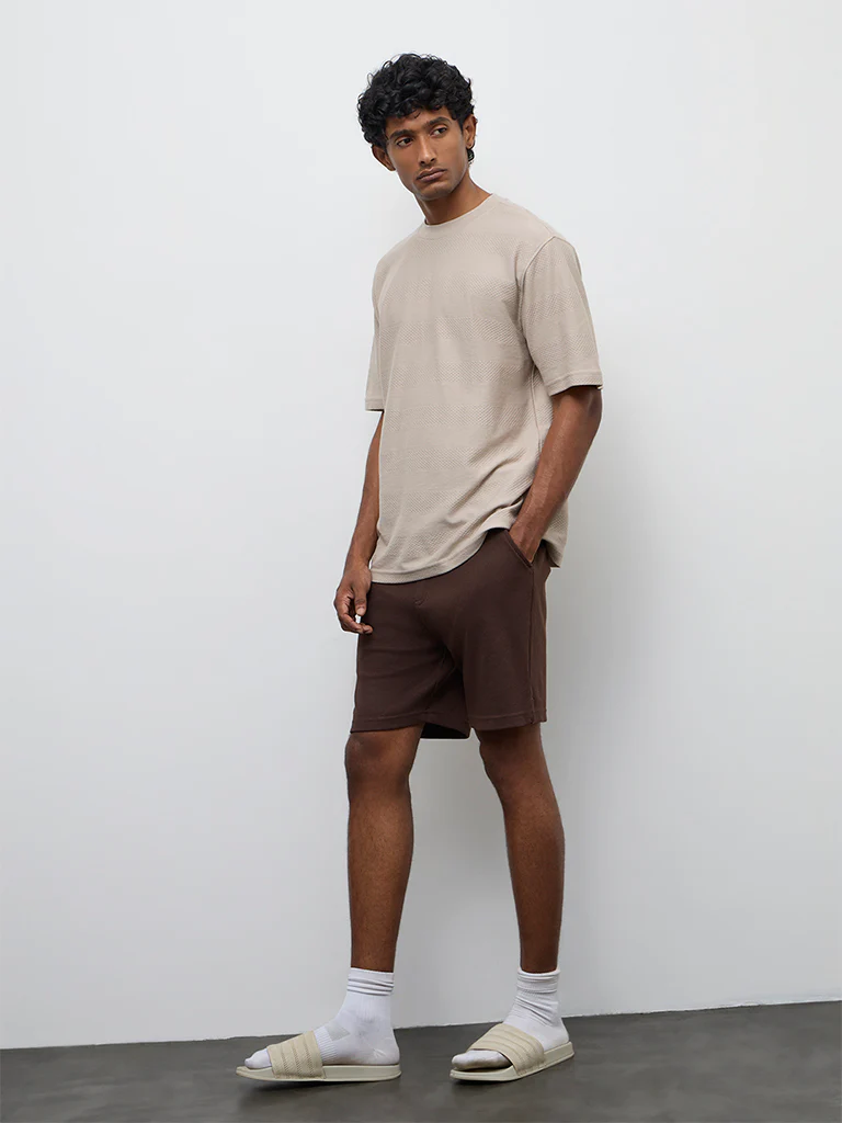 WES Lounge Taupe Stripe Textured Relaxed Fit Cotton T-Shirt - Image 3