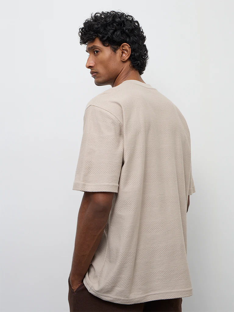 WES Lounge Taupe Stripe Textured Relaxed Fit Cotton T-Shirt - Image 5