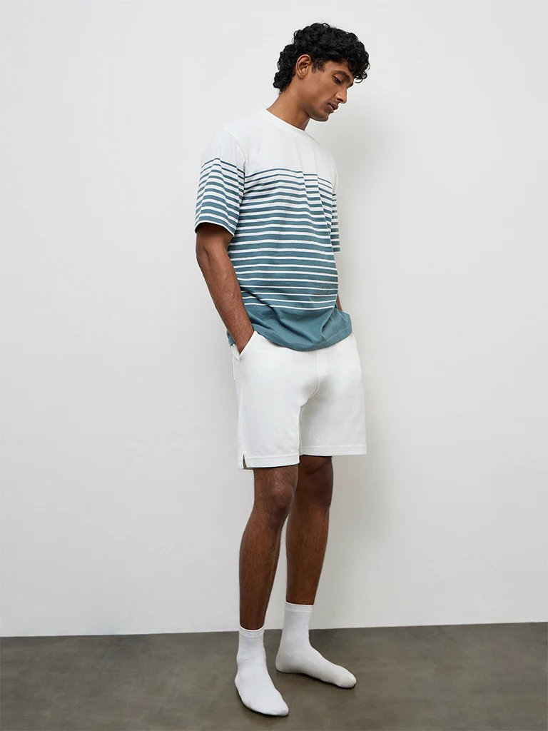 WES Lounge Teal Striped Relaxed-Fit Cotton T-Shirt - Image 2