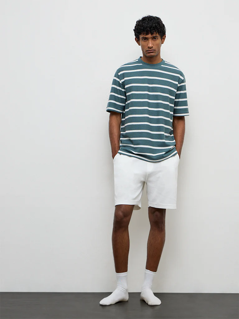 WES Lounge Teal Striped Relaxed-Fit Cotton T-Shirt - Image 2