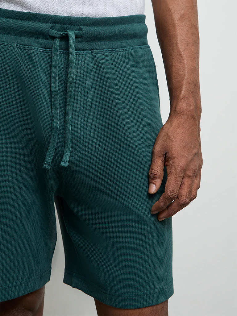 WES Lounge Teal Textured Relaxed-Fit Mid-Rise Cotton-Blend Shorts - Image 4