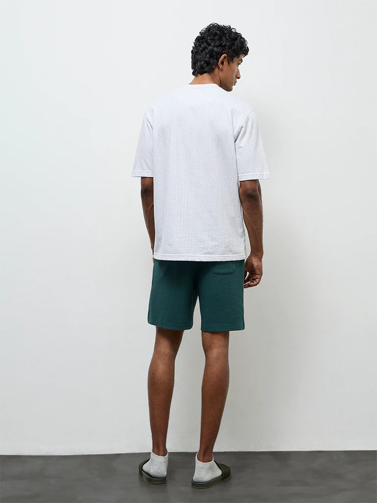 WES Lounge Teal Textured Relaxed-Fit Mid-Rise Cotton-Blend Shorts - Image 5