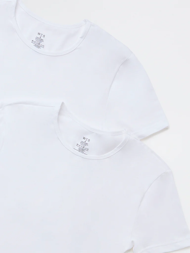 WES Lounge White Solid Cotton Vests - Pack of 2 - Image 3