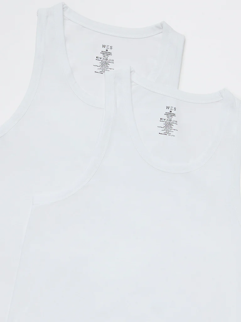 WES Lounge White Solid Relaxed-Fit Cotton Vests - Pack of 2 - Image 3