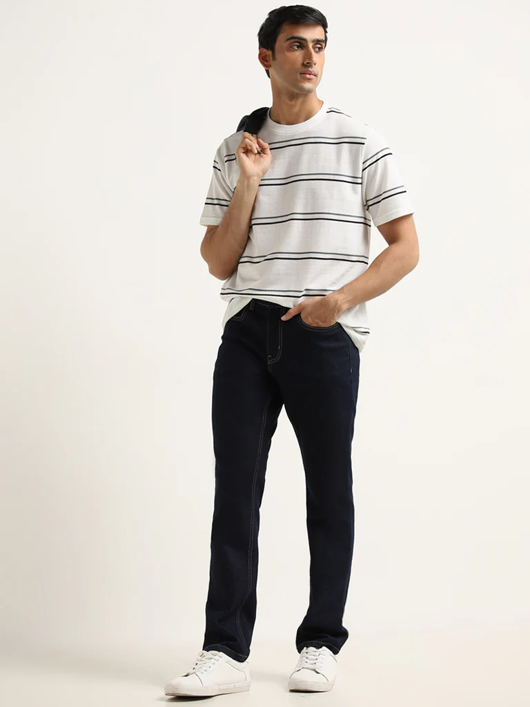 WES Lounge White Stripe Printed Cotton T-Shirt - Image 3