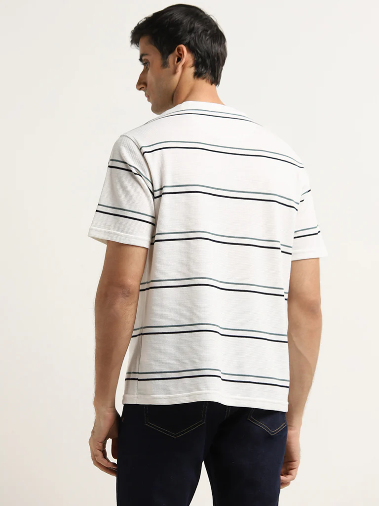 WES Lounge White Stripe Printed Cotton T-Shirt - Image 4