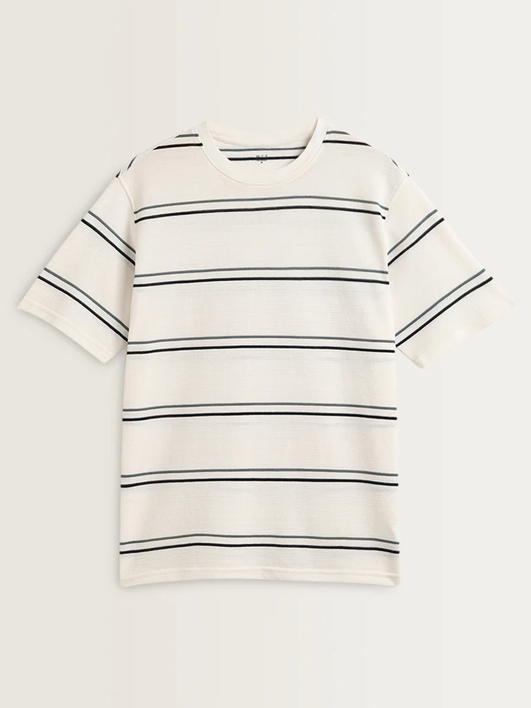 WES Lounge White Stripe Printed Cotton T-Shirt - Image 5