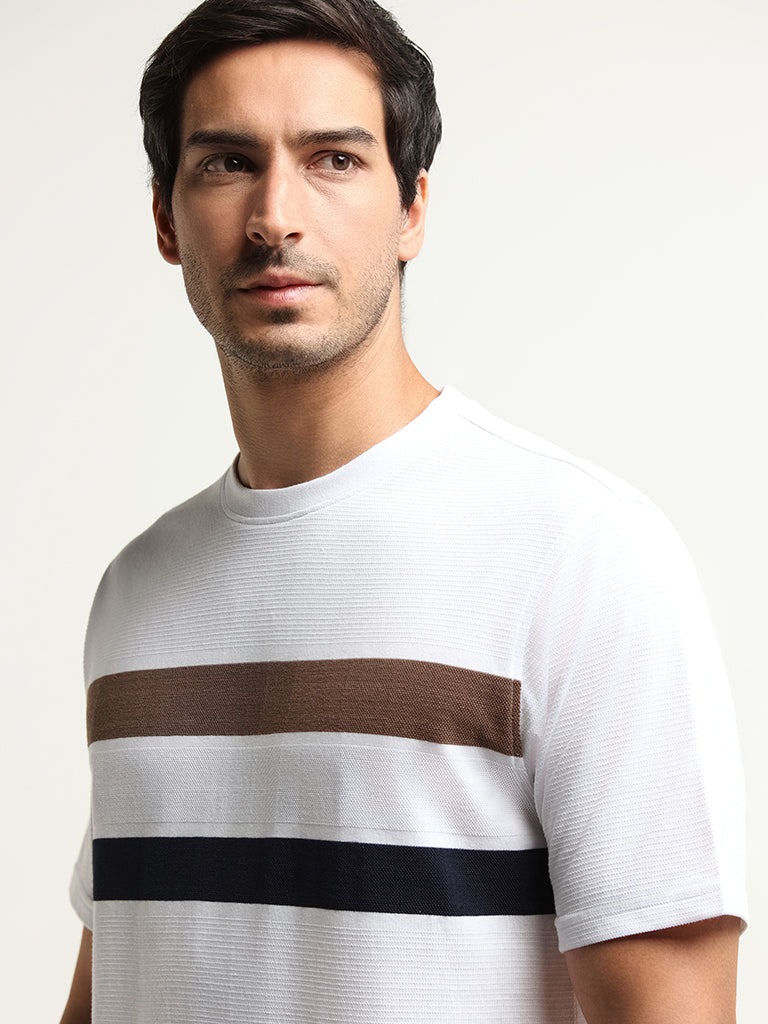 WES Lounge White Striped Cotton-Blend Relaxed Fit T-Shirt - Image 2
