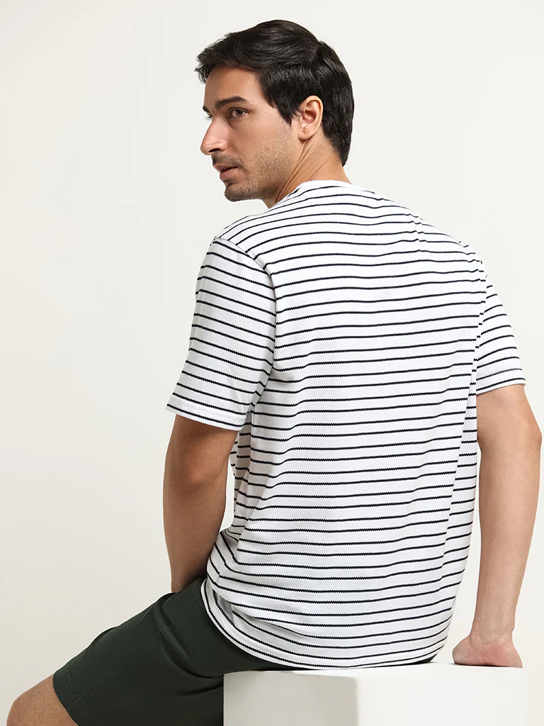 WES Lounge White Striped Cotton-Blend Relaxed Fit T-Shirt - Image 4