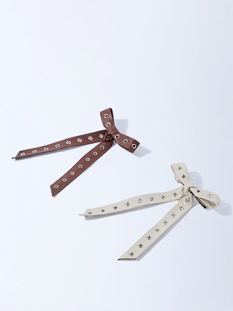 Westside Accessories Beige and Brown Bow Clips - Pack of 2 - Image 2