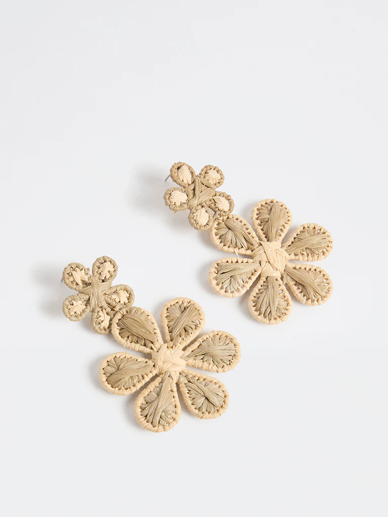Westside Accessories Beige Floral Raffia Statement Earrings - Image 2