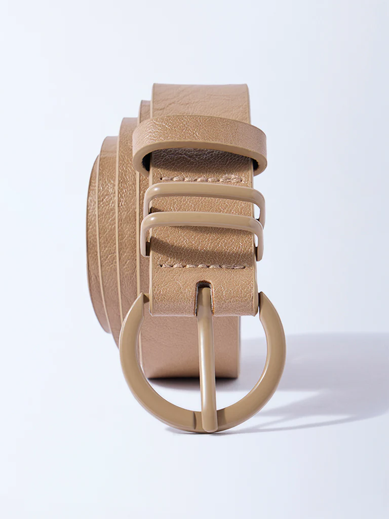 Westside Accessories Beige Round Buckle Textured Belt - Image 2