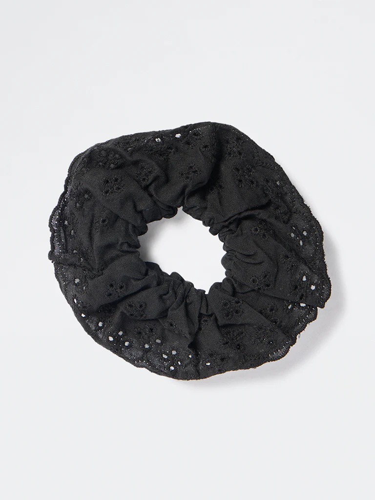 Westside Accessories Black Floral Schiffli Hair Scrunchie