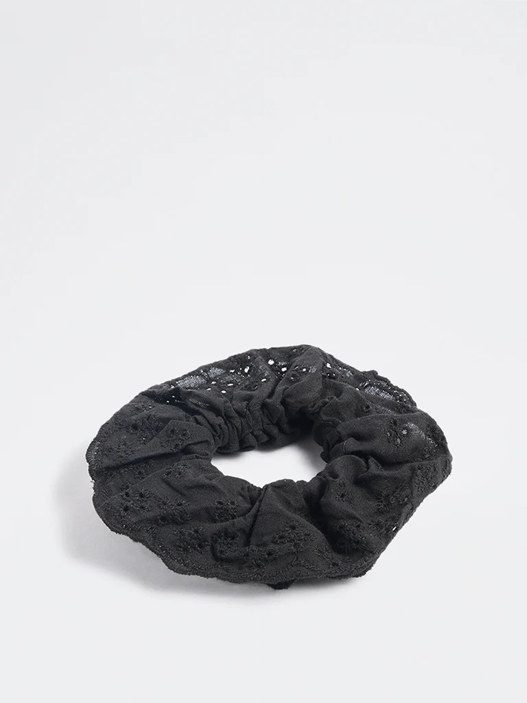 Westside Accessories Black Floral Schiffli Hair Scrunchie - Image 2