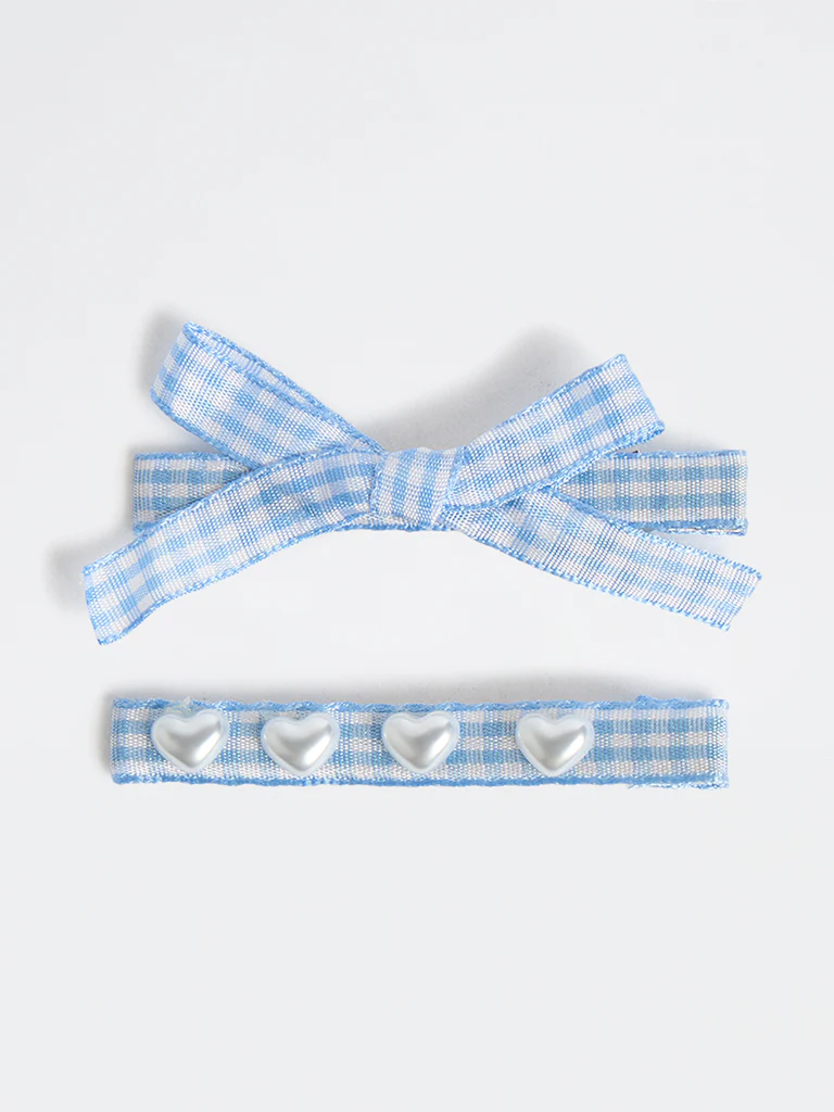 Westside Accessories Blue Gingham Checkered Bow and Pearl Clip - Pack of 2