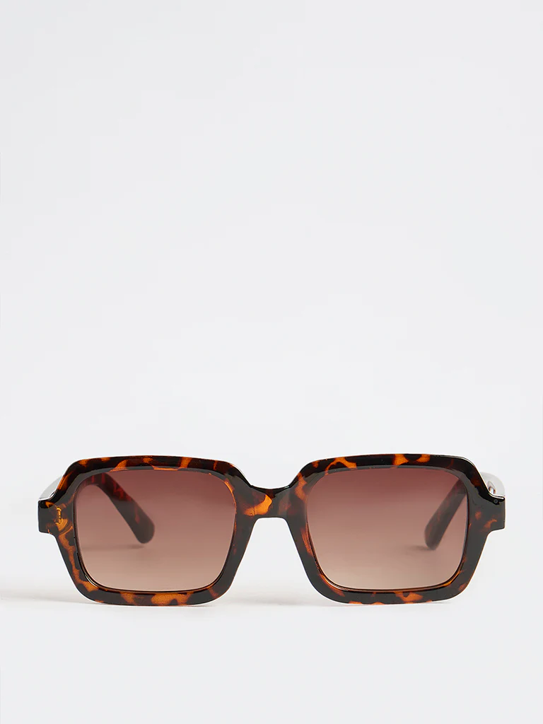 Westside Accessories Brown Tortoiseshell Rectangular Sunglasses with Pouch