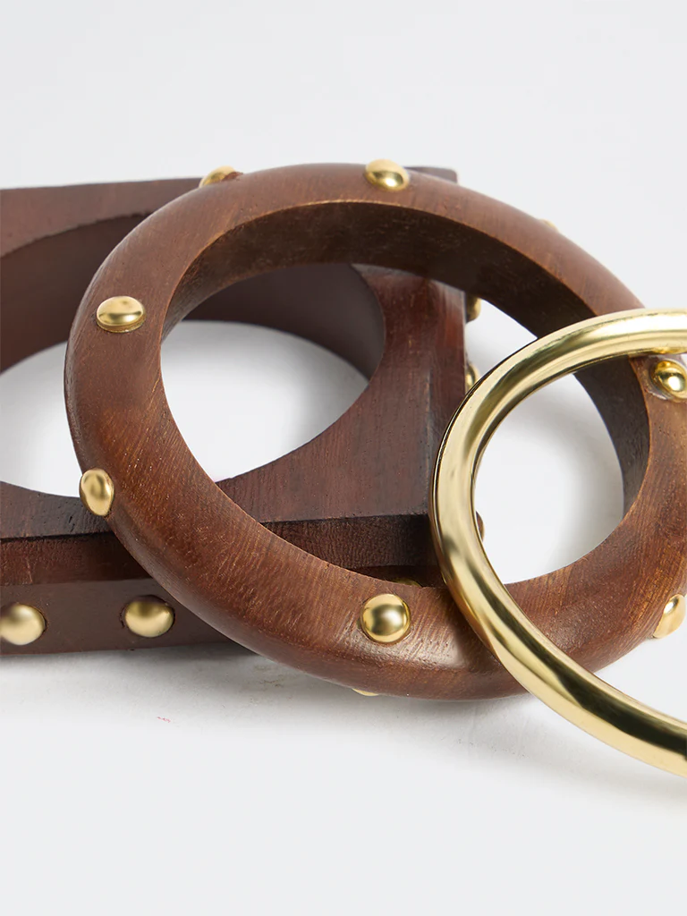 Westside Accessories Brown Wood and Metal Bangles - Pack of 3 - Image 3