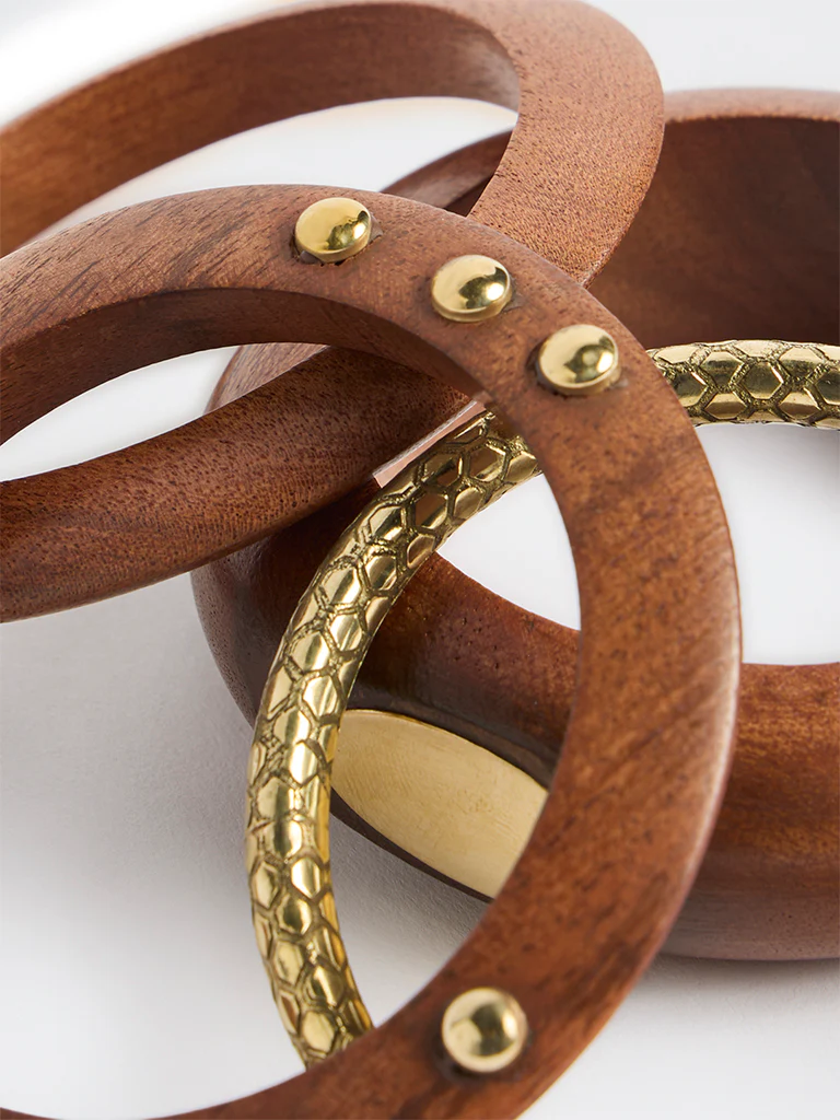 Westside Accessories Brown Wood and Metal Bangles - Pack of 4 - Image 3