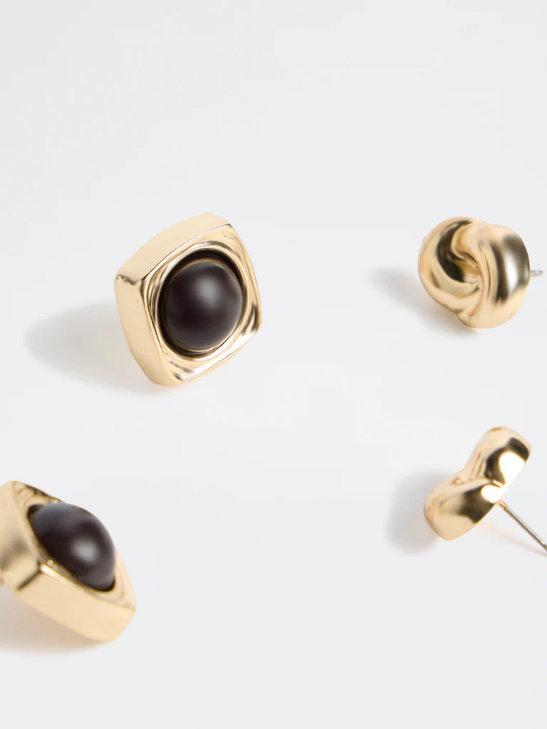 Westside Accessories Gold and Black Stud Earrings - Pack of 2 - Image 3