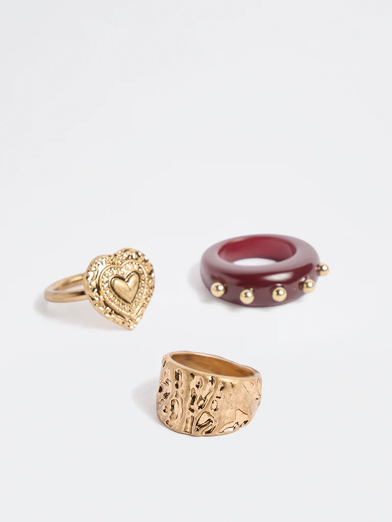 Westside Accessories Gold and Burgundy Statement Rings - Pack of 3 - Image 3