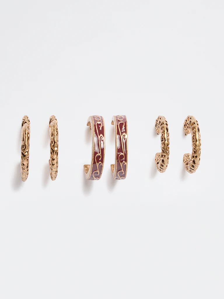 Westside Accessories Gold and Burgundy Textured Hoop Earrings - Pack of 3