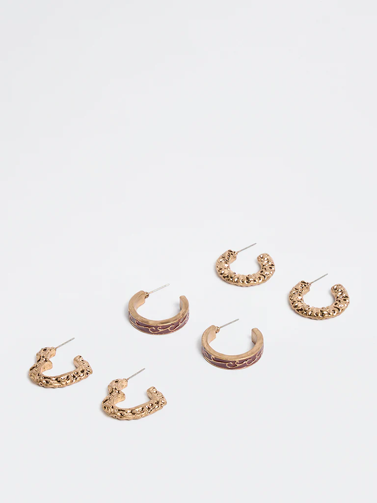 Westside Accessories Gold and Burgundy Textured Hoop Earrings - Pack of 3 - Image 2