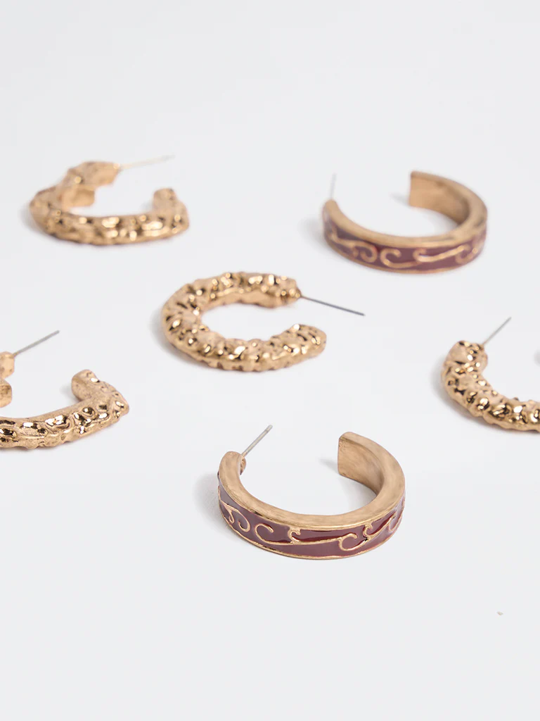 Westside Accessories Gold and Burgundy Textured Hoop Earrings - Pack of 3 - Image 3