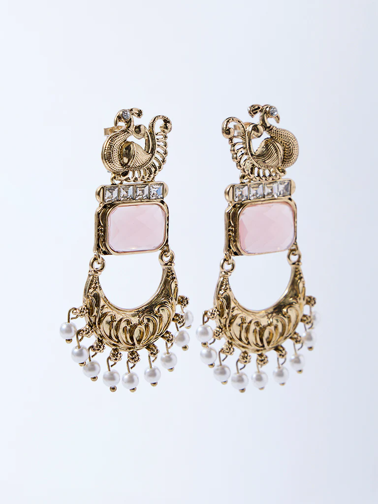 Westside Accessories Gold and Pink Pearlescent Dangler Earrings - Image 2
