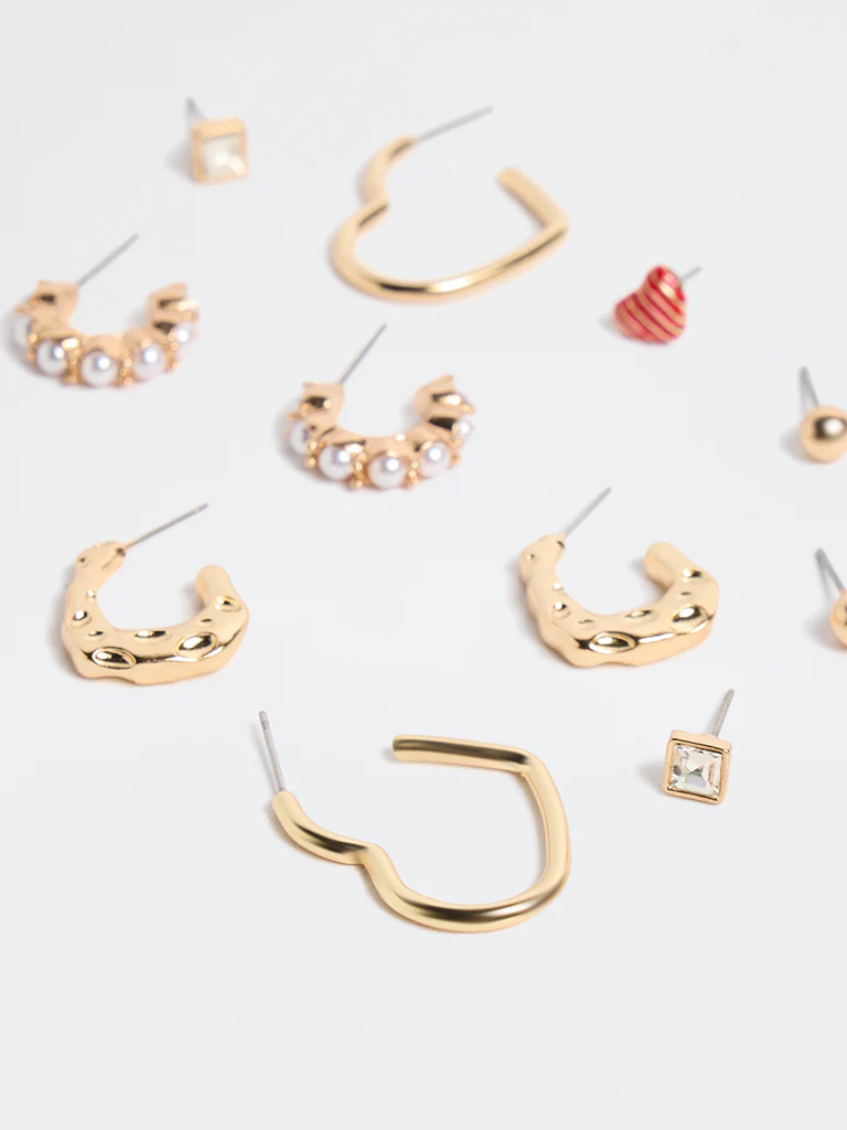 Westside Accessories Gold and Red Mixed Stud and Hoop Earrings - Pack of 6 - Image 3