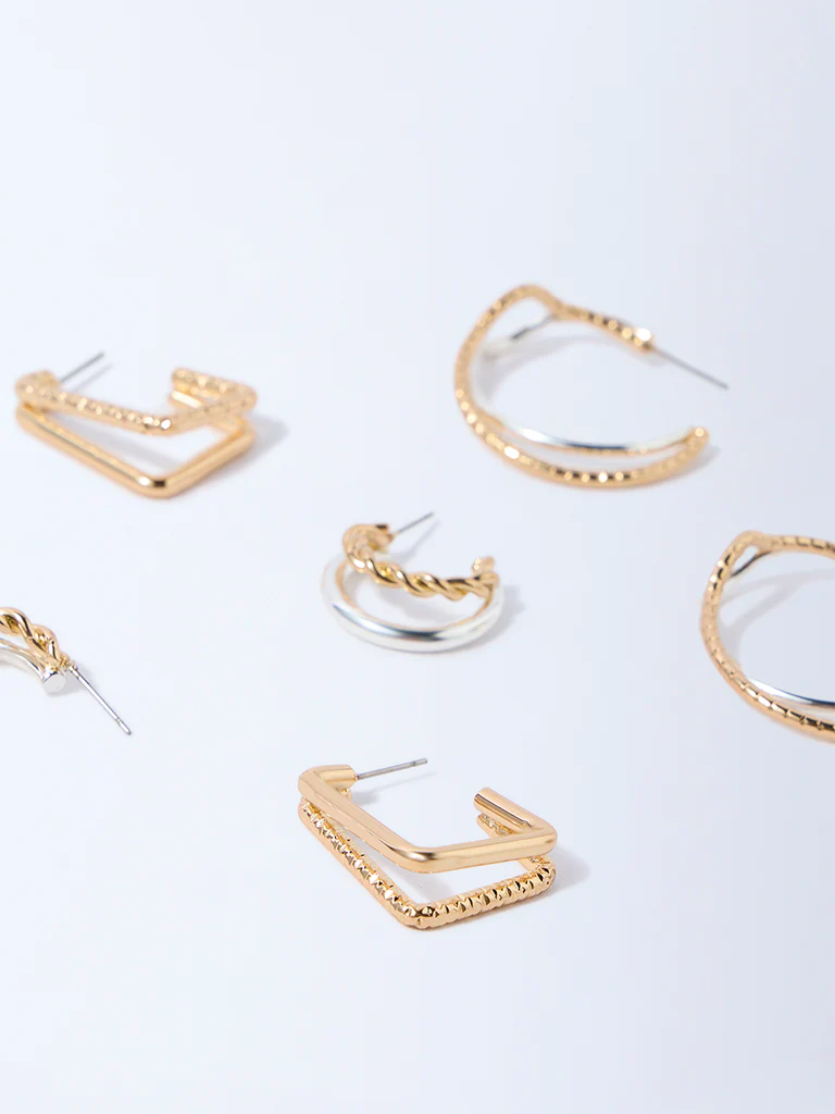 Westside Accessories Gold and Silver Dual Tone Finish Textured Hoops - Pack of 3 - Image 3