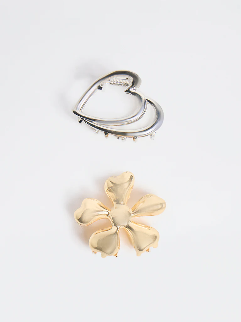 Westside Accessories Gold and Silver Flower and Heart Hair Clips - Pack of 2