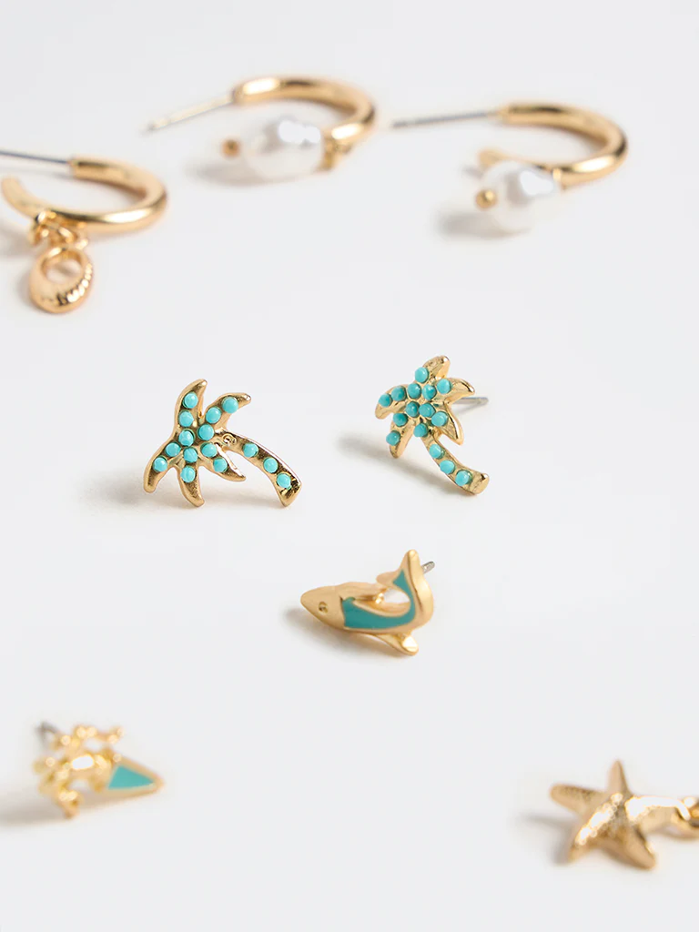 Westside Accessories Gold and Turquoise Ocean-Themed Studs and Hoops Earrings - Pack of 6 - Image 3