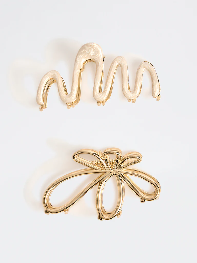 Westside Accessories Gold and White Floral and Wavy Hair Clips - Pack of 2