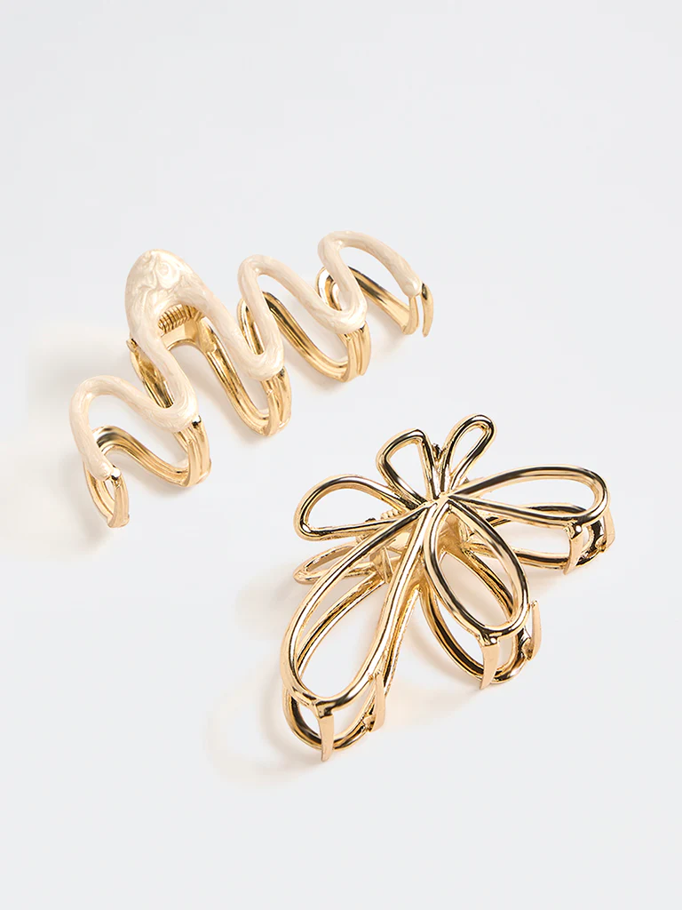 Westside Accessories Gold and White Floral and Wavy Hair Clips - Pack of 2 - Image 2