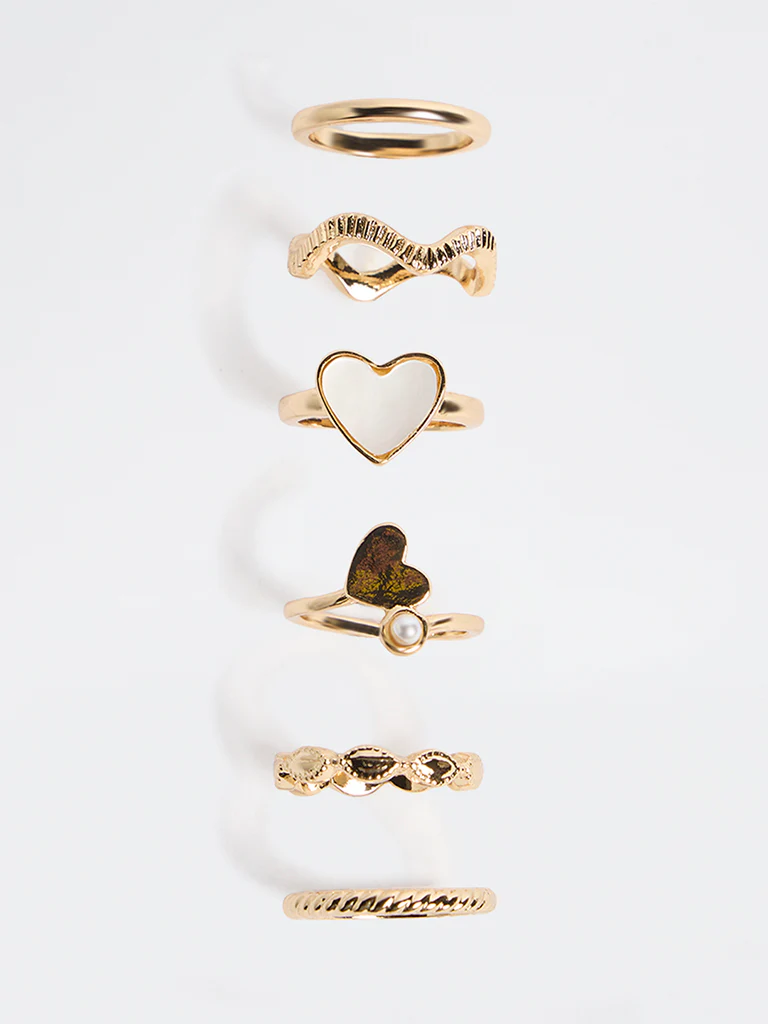 Westside Accessories Gold and White Heart Detail Rings - Pack of 6