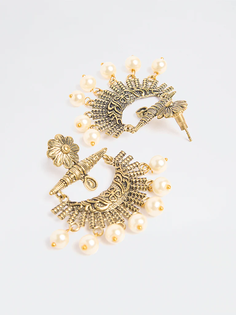 Westside Accessories Gold and White Pearlescent Jhumki Earrings - Image 2