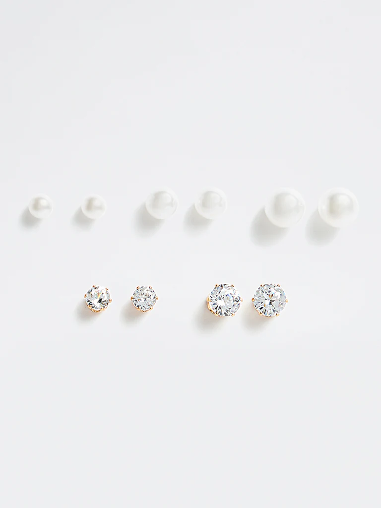 Westside Accessories Gold and White Stud Earrings - Pack of 5 - Image 3