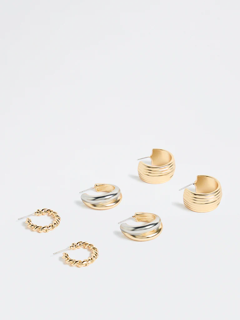Westside Accessories Gold Chunky Textured Hoop Earrings - Pack of 3 - Image 2