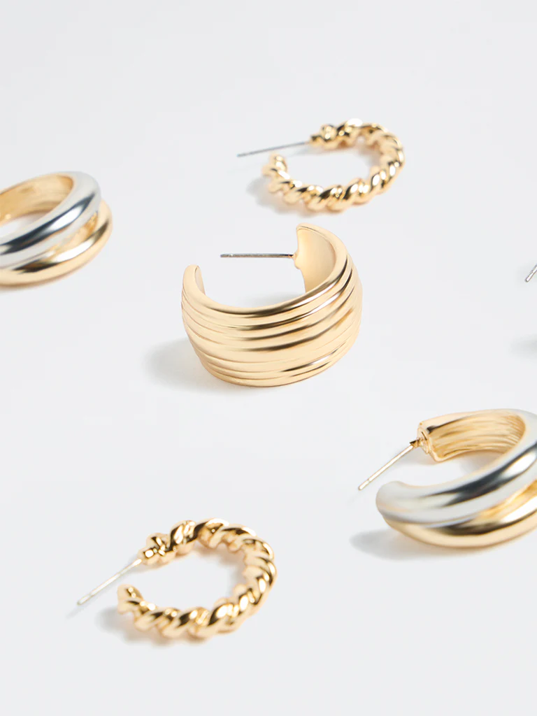 Westside Accessories Gold Chunky Textured Hoop Earrings - Pack of 3 - Image 3