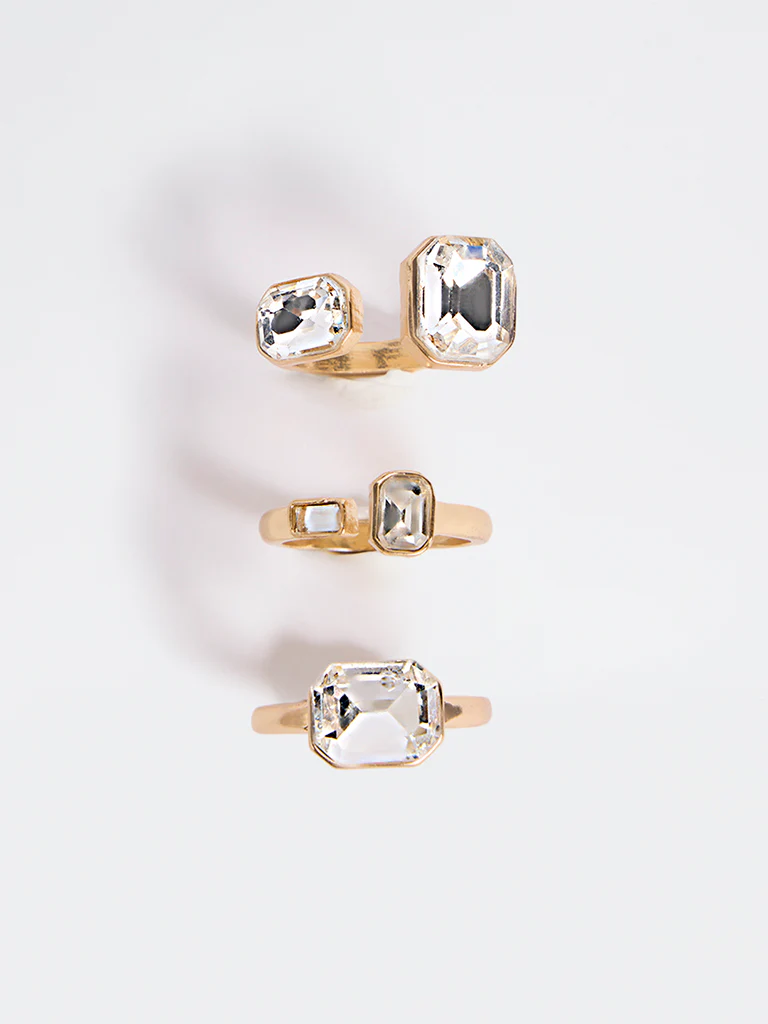 Westside Accessories Gold Crystal Statement Rings - Pack of 3
