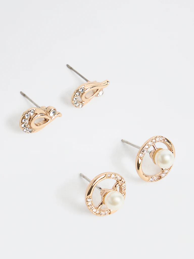 Westside Accessories Gold Embellished Stud Earrings - Pack of 2 - Image 2