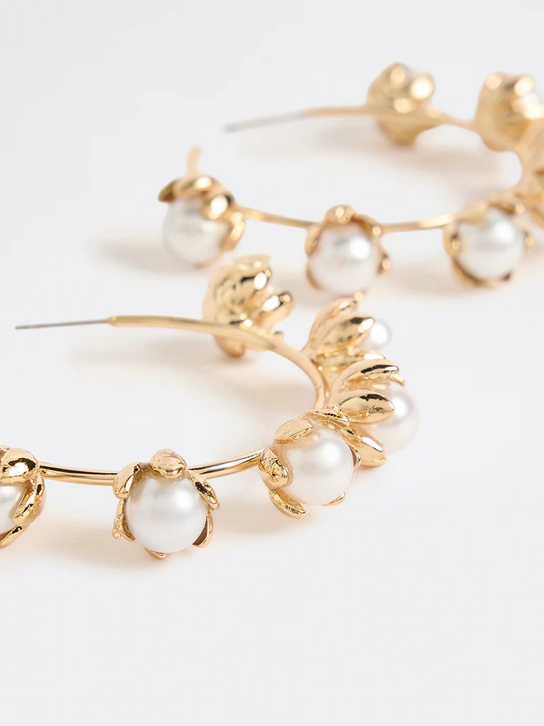 Westside Accessories Gold Floral Pearl Hoop Earrings - Image 3