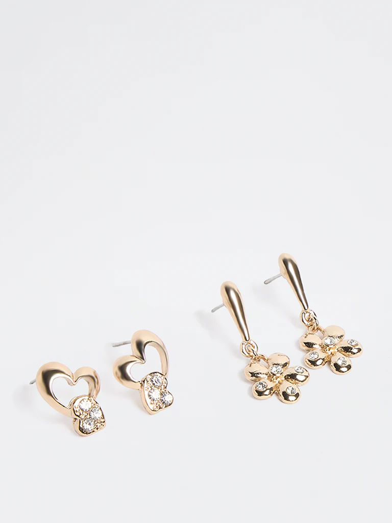 Westside Accessories Gold Flower and Heart Stone Earrings - Pack of 2 - Image 2