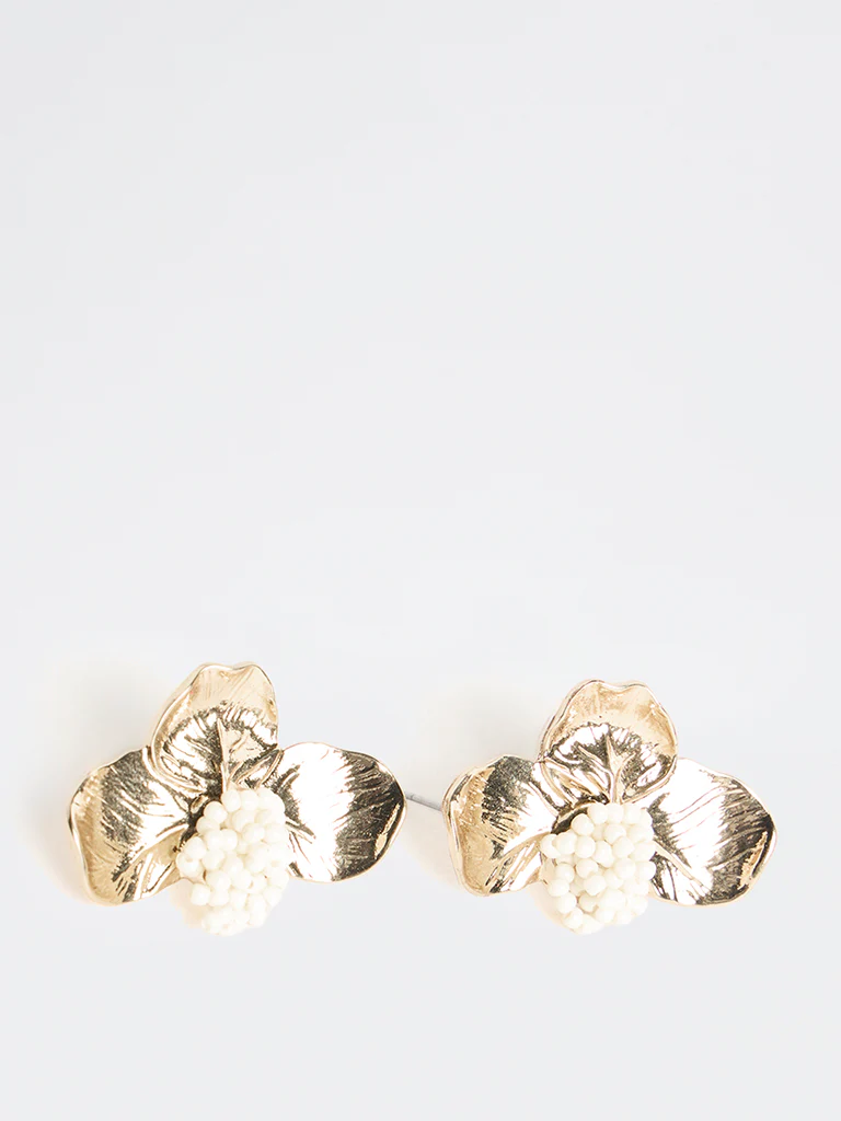 Westside Accessories Gold Flower Beaded Stud Earrings - Image 2