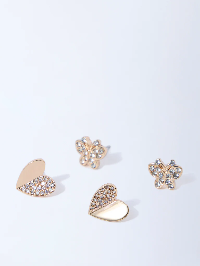 Westside Accessories Gold Heart and Butterfly Stud Earrings - Pack of 2 - Image 3