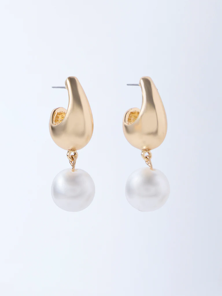 Westside Accessories Gold Pearl Dangler Hoop Earrings - Image 2