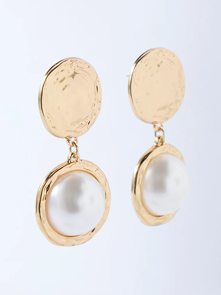 Westside Accessories Gold Pearl Dangler Statement Earrings - Image 2